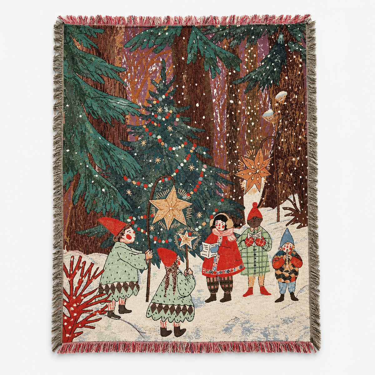 Lormina christmas tapestry throw blanket in multicolored tapestry, full snowy forest scene under golden stars
