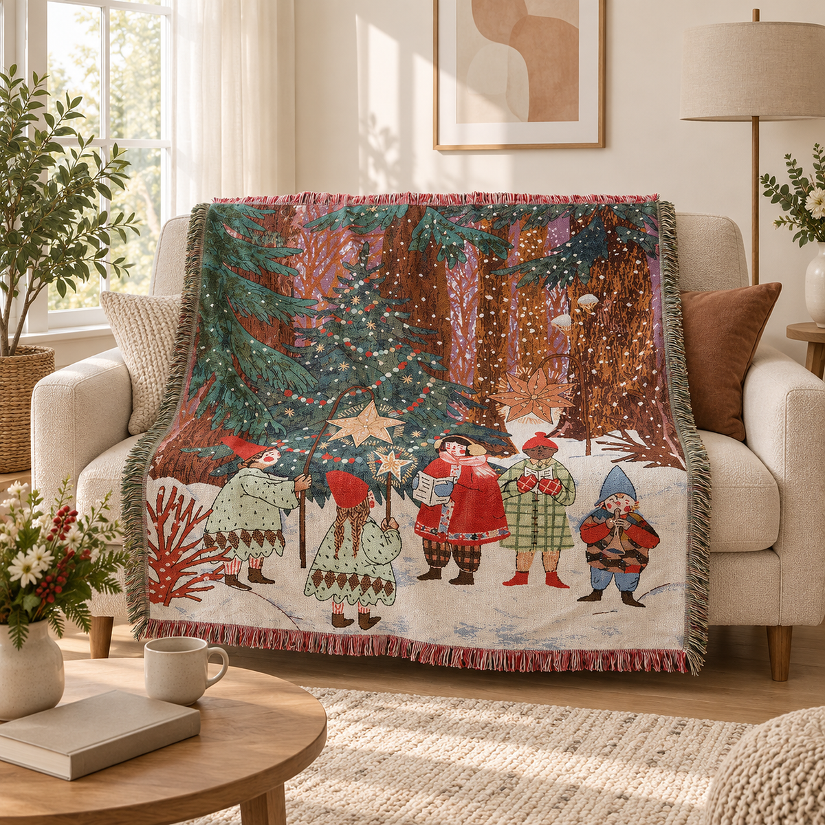 Lormina multicolored tapestry Christmas throw blanket with fringes draped over a light colored loveseat