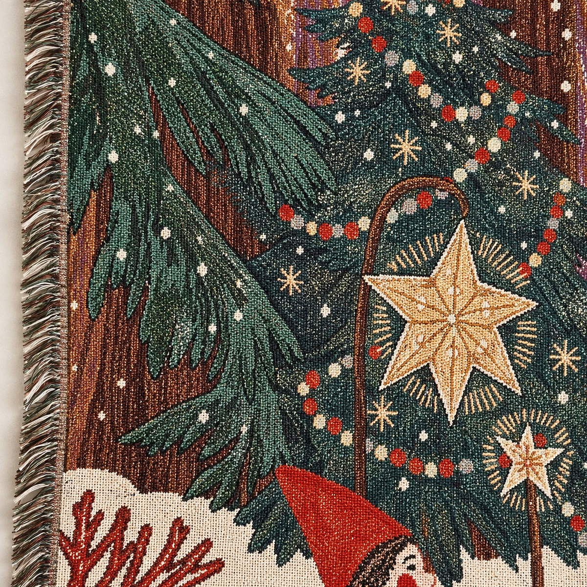 Lormina multicolored tapestry soft throw blanket, close view of the textured fabric around a golden star