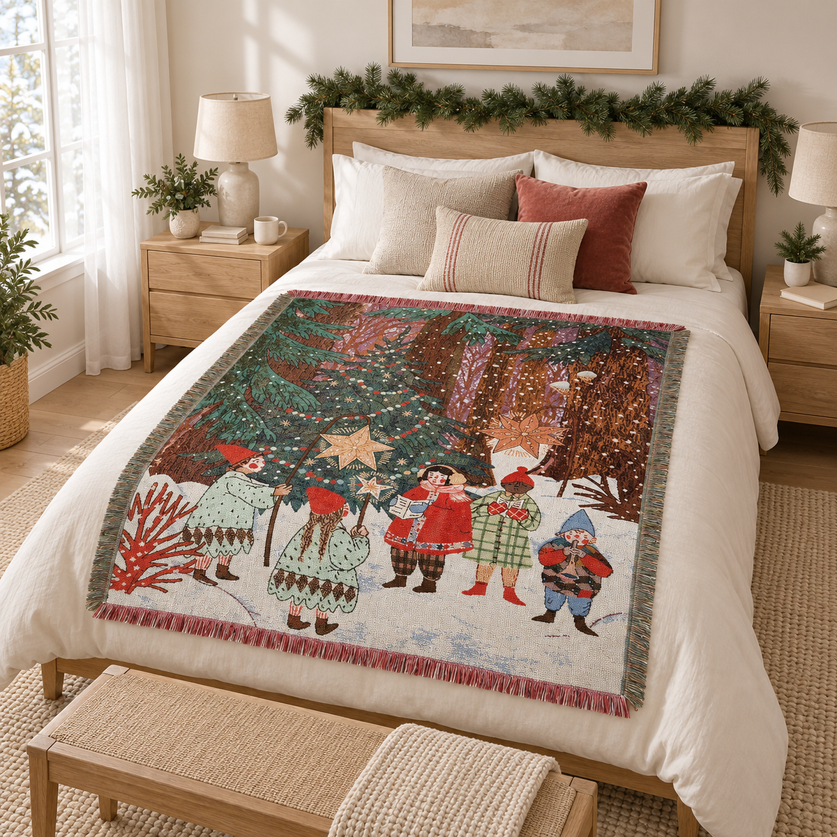 Lormina multicolored tapestry soft throw blanket spread open across a made bed as a bedspread