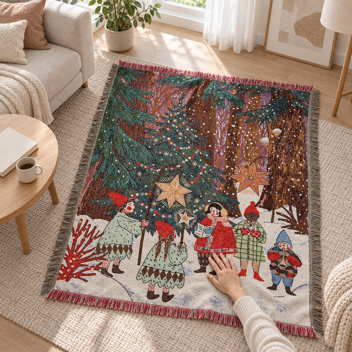 Lormina multicolored tapestry soft throw blanket with a hand smoothing the threads of the tapestry fabric