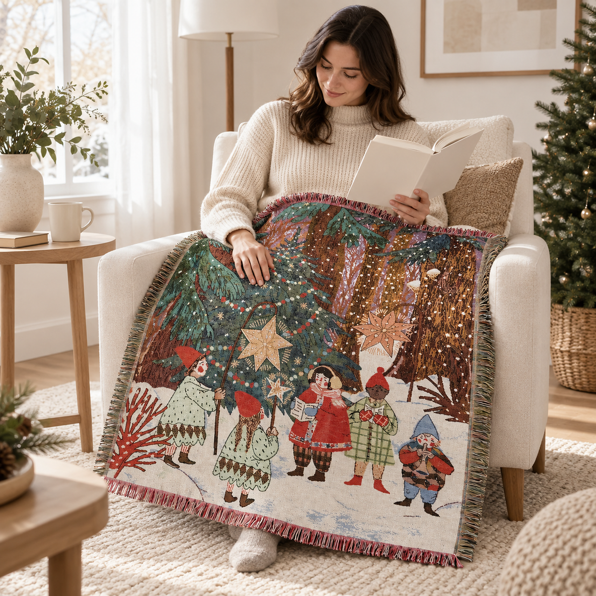 Lormina multicolored tapestry throw blanket covering the lap and legs of a reader in a reading corner