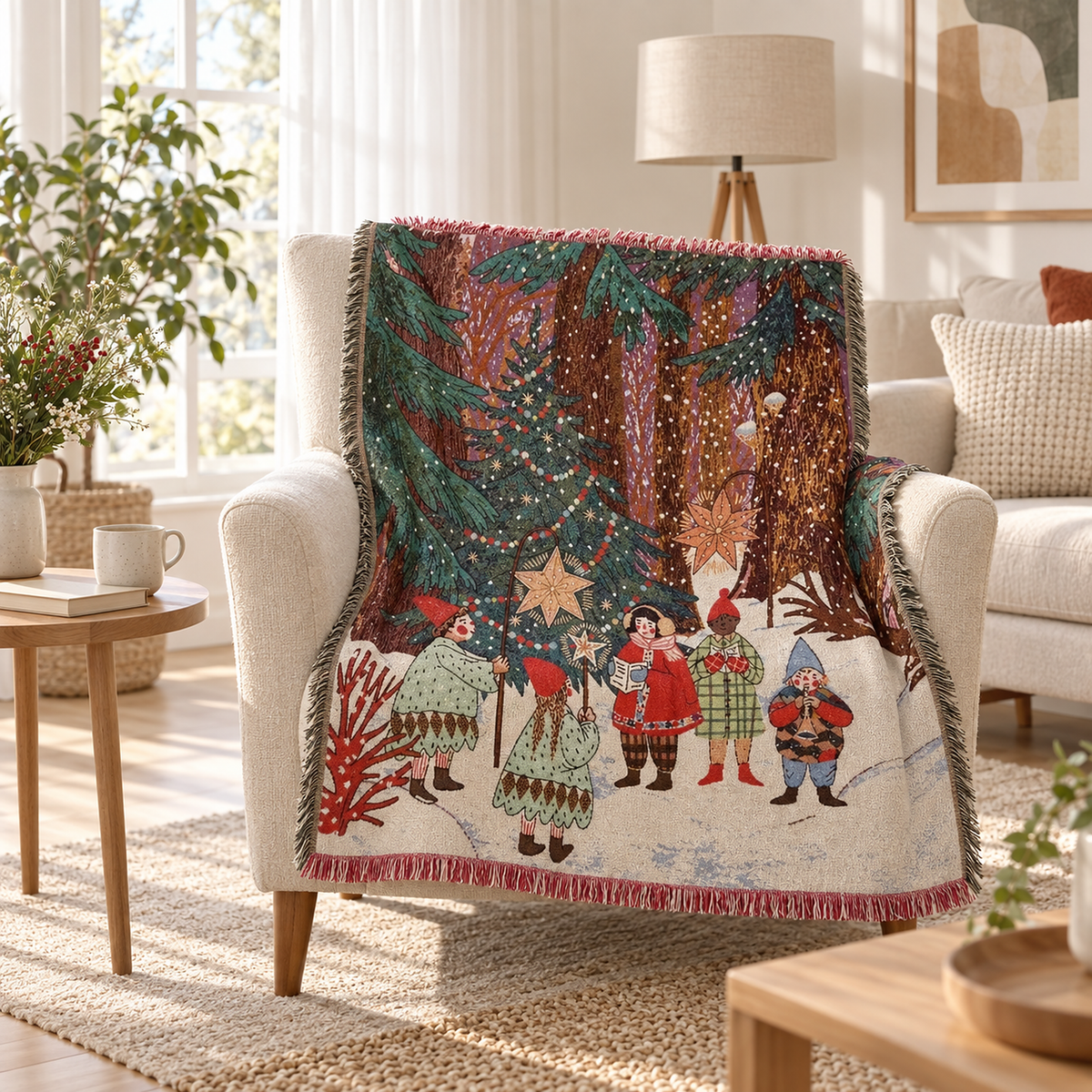 Lormina multicolored tapestry throw blanket for couch draped over an ivory armchair in a bright living room