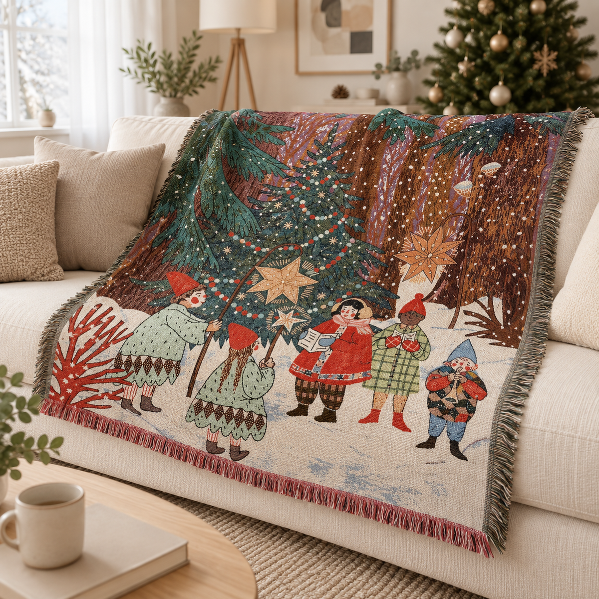 Lormina multicolored tapestry throw blanket for couch, corner where two fringed edges meet