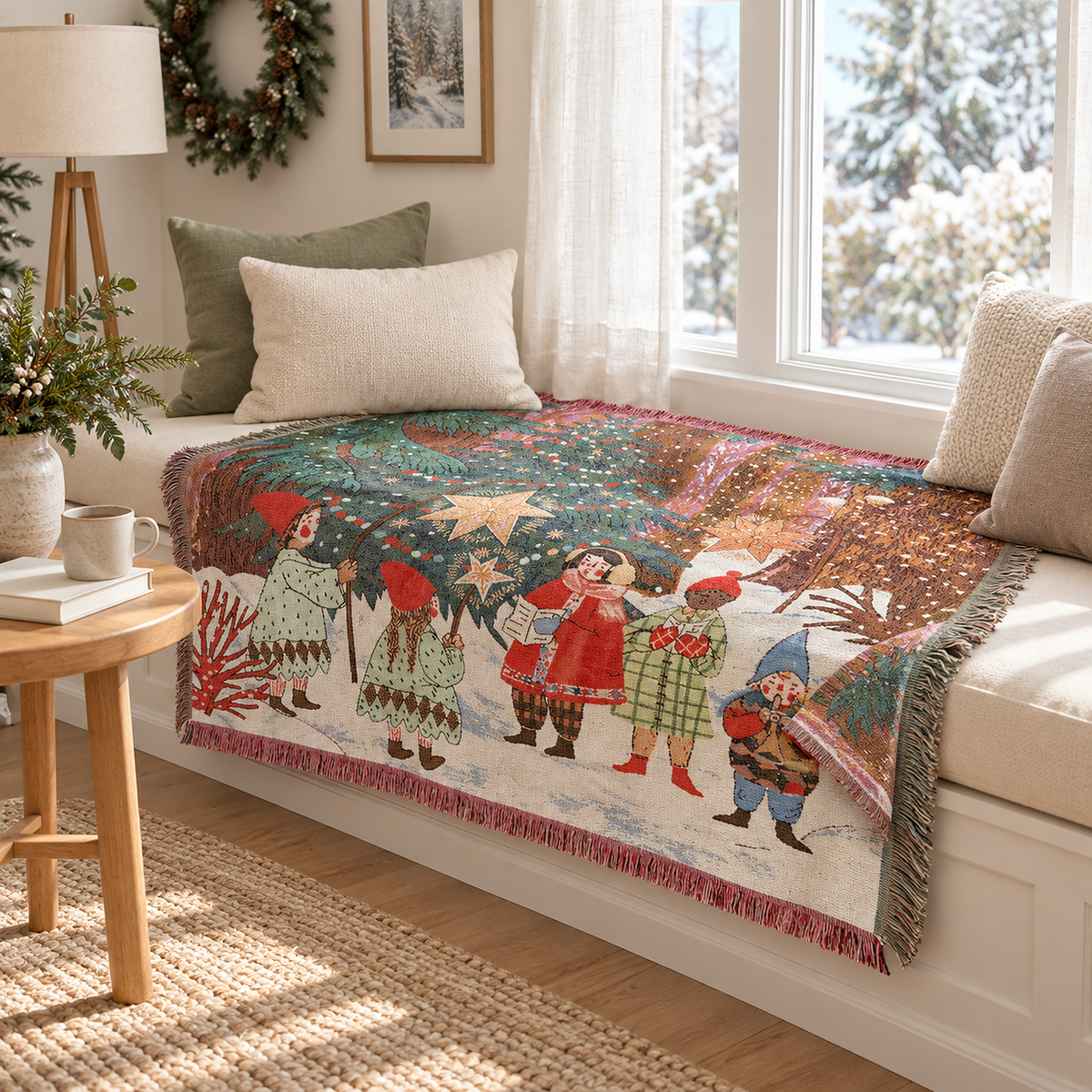 Lormina multicolored tapestry throw blanket laid in a single layer to show its colorful fringed edge