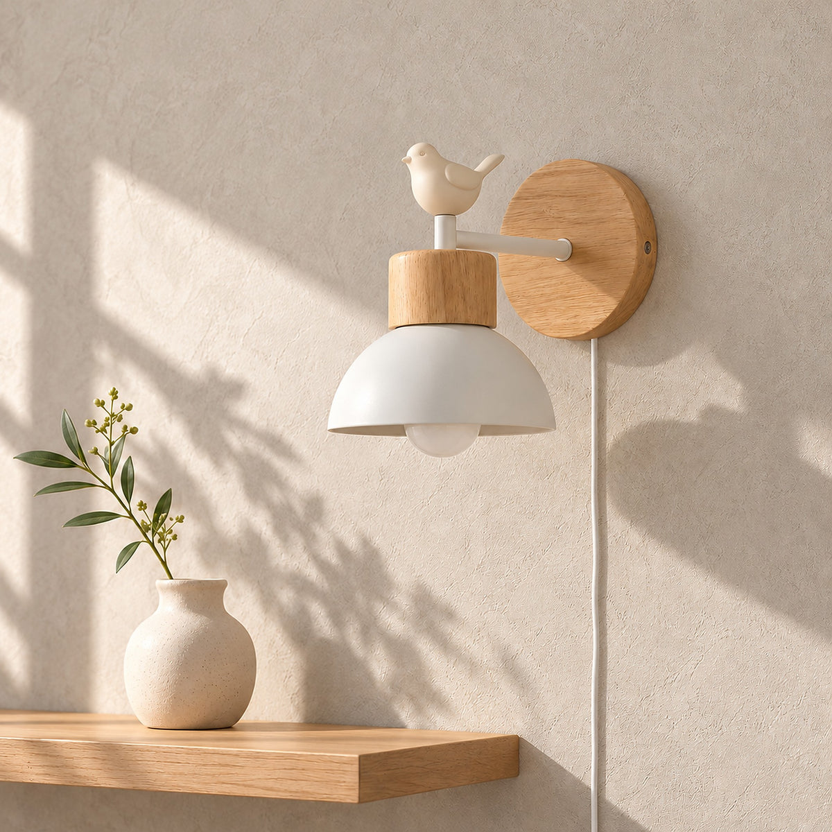 Lorsenta white plug in wall lamp with its bird ornament unlit on a sunlit landing wall