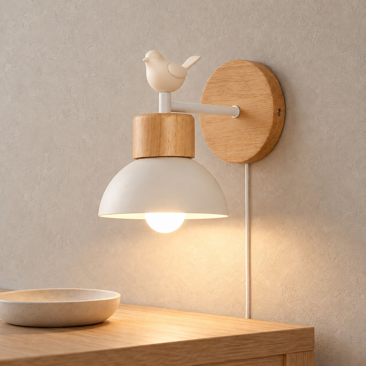 Lorsenta white plug in wall light glowing above an entryway console in daylight