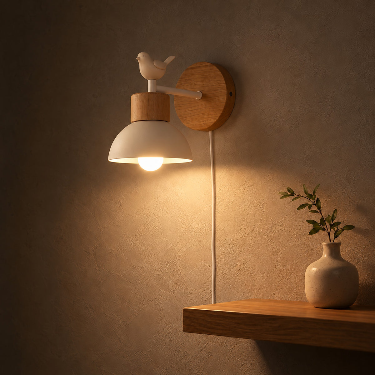 Lorsenta white plug in wall light illuminating a landing shelf at night
