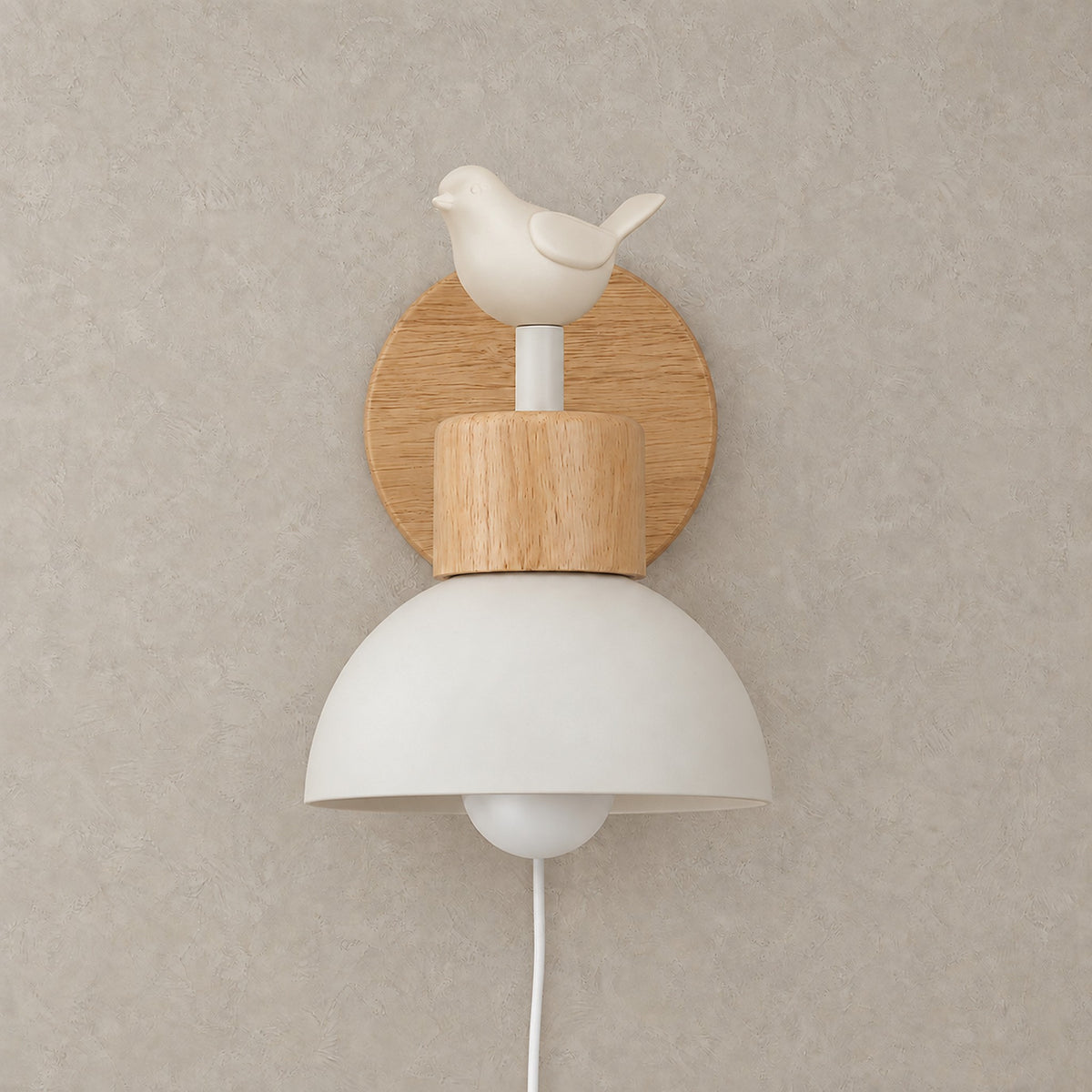 Lorsenta white plug in wall sconce with bird ornament, dome shade and round wooden wall plate