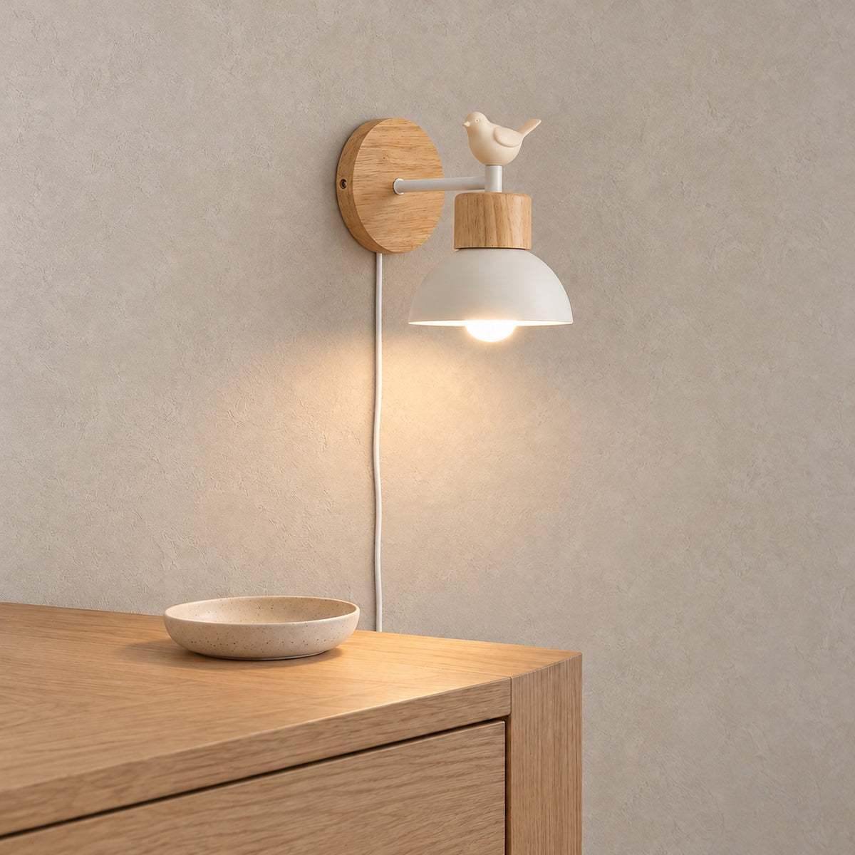 Lorsenta white wall sconce above the corner of a dining room sideboard