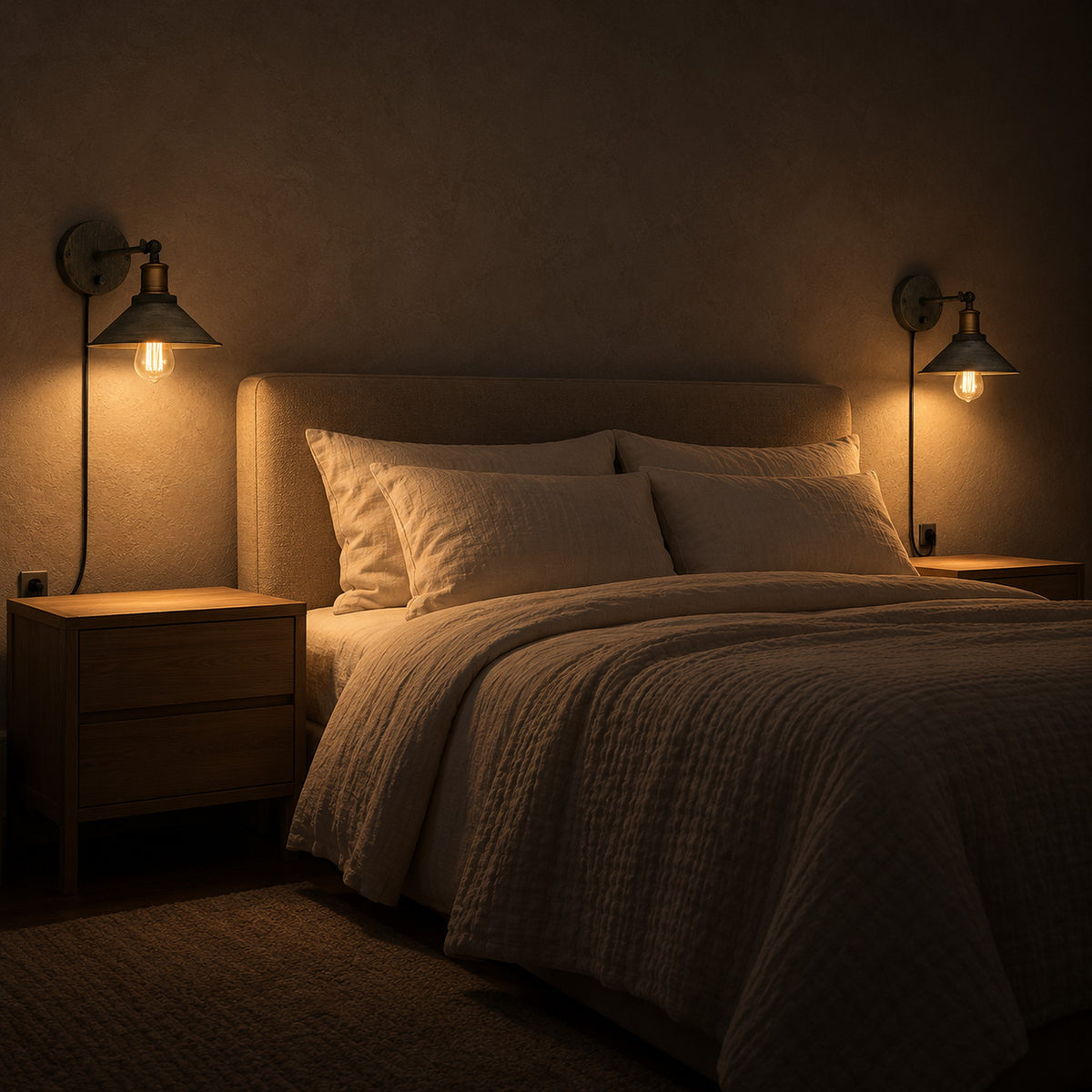 Lorvema stained look led wall sconce pair lit at night as bedside lights above two nightstands left clear of lamps