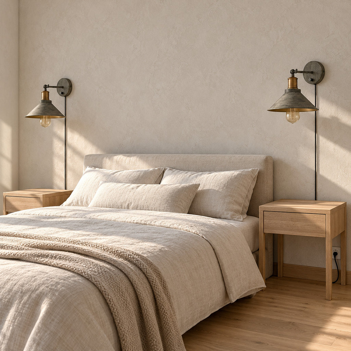 Lorvema stained look led wall sconce pair switched off in daylight above empty bedside tables