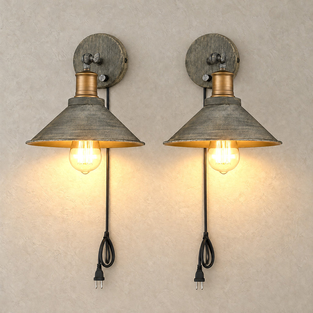 Lorvema stained look plug in led wall sconce pair glowing with the light tipped down from each cone shade