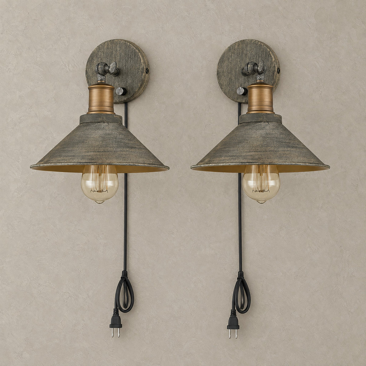 Lorvema stained look plug in led wall sconce pair switched off, showing cone shades, round backplates and cords