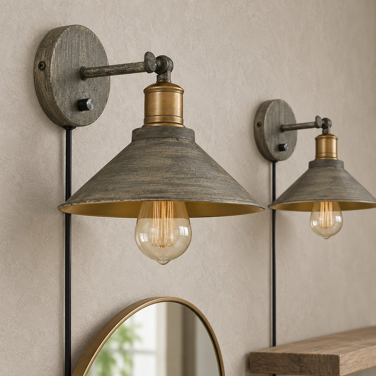Lorvema led wall sconce close view of the stained look cone shade showing the brass color inside