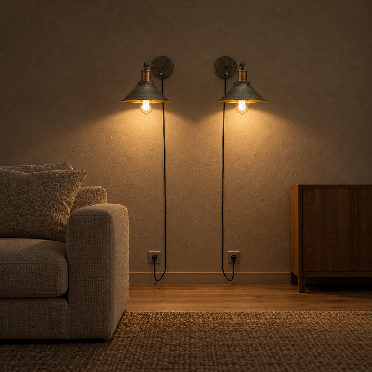 Lorvema brass wall lamp pair lit at night, washing a living room wall with light