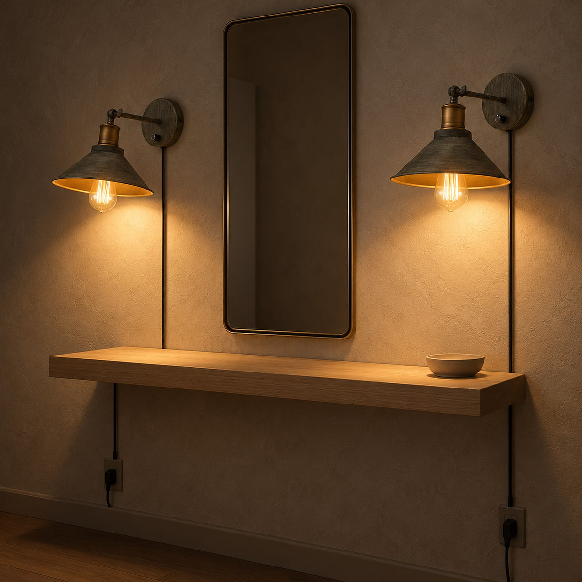 Lorvema stained look led wall sconce pair at night casting pools of light beside an entryway mirror