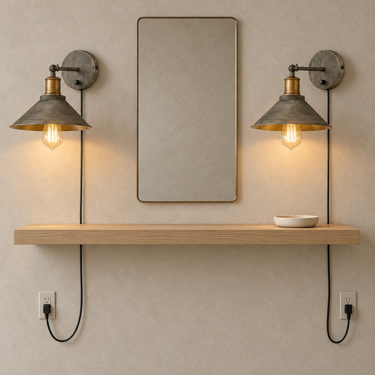 Lorvema stained look led wall sconce pair switched on in daylight, lighting both sides of a narrow entryway mirror