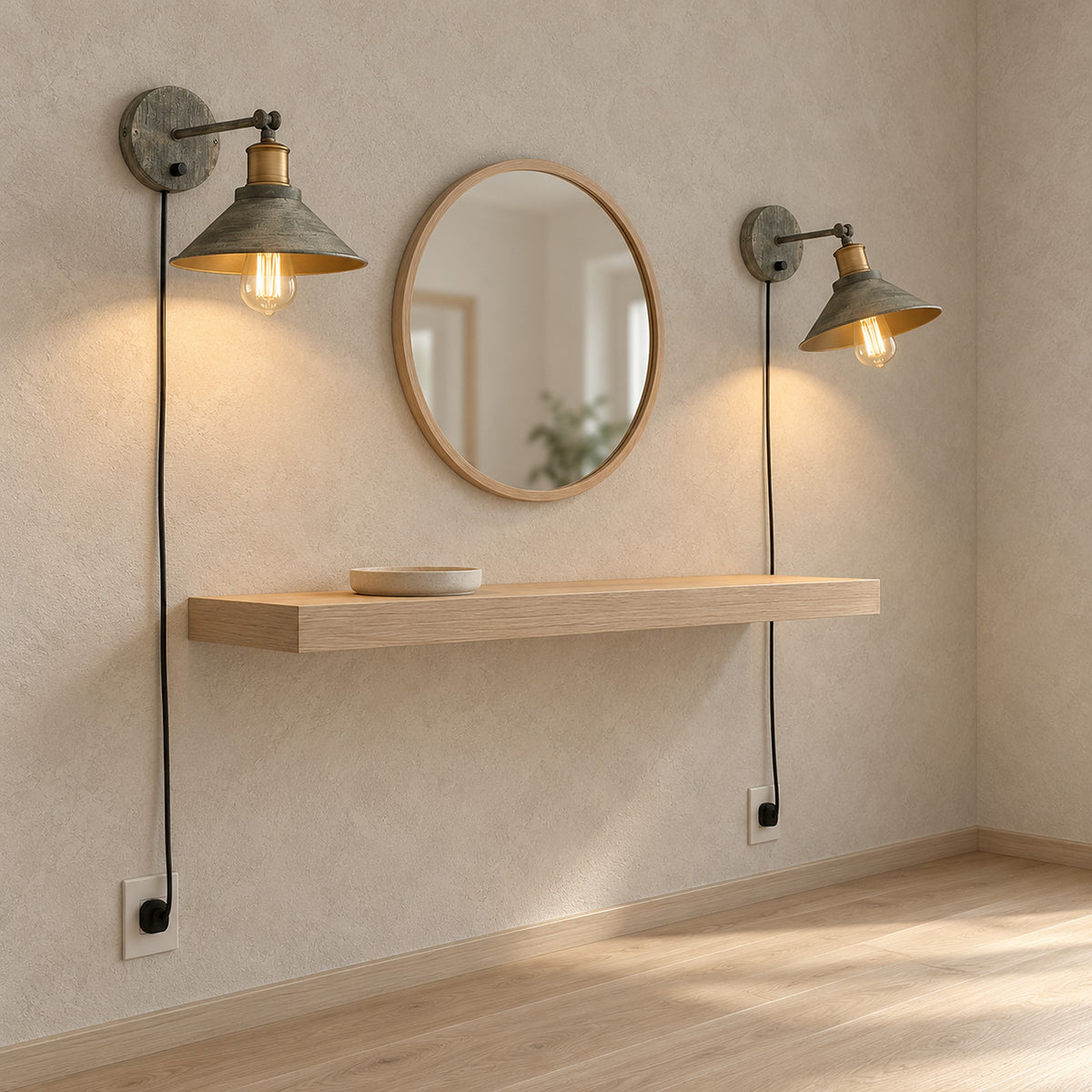 Lorvema stained look led wall sconce pair with shades tilted down to light an entryway shelf