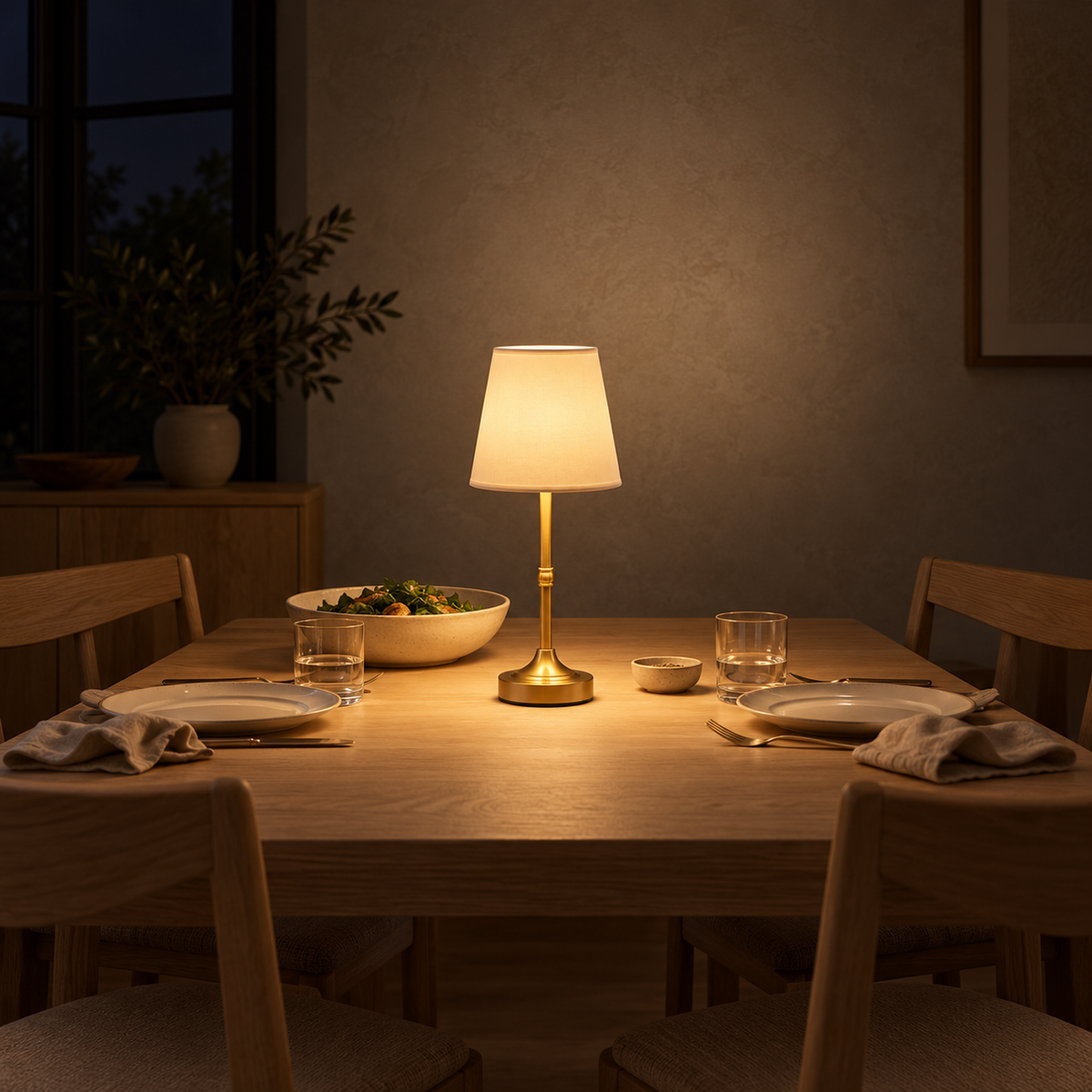 Lorvesa gold cordless table lamp centered on a dining table, glowing at night