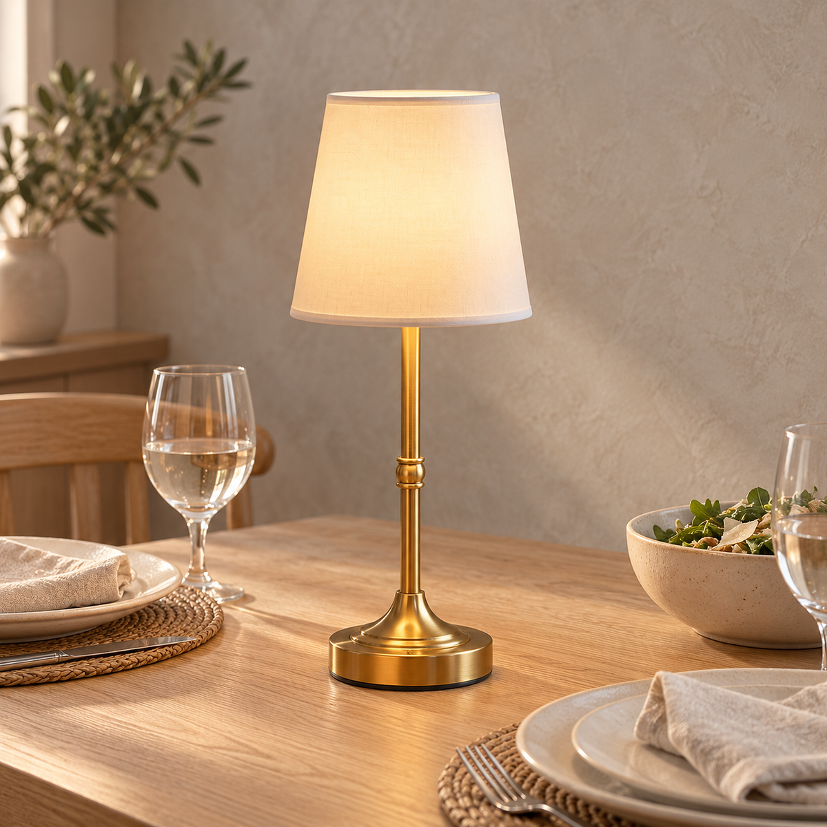 Lorvesa gold cordless table lamp glowing over place settings on an eat in kitchen table