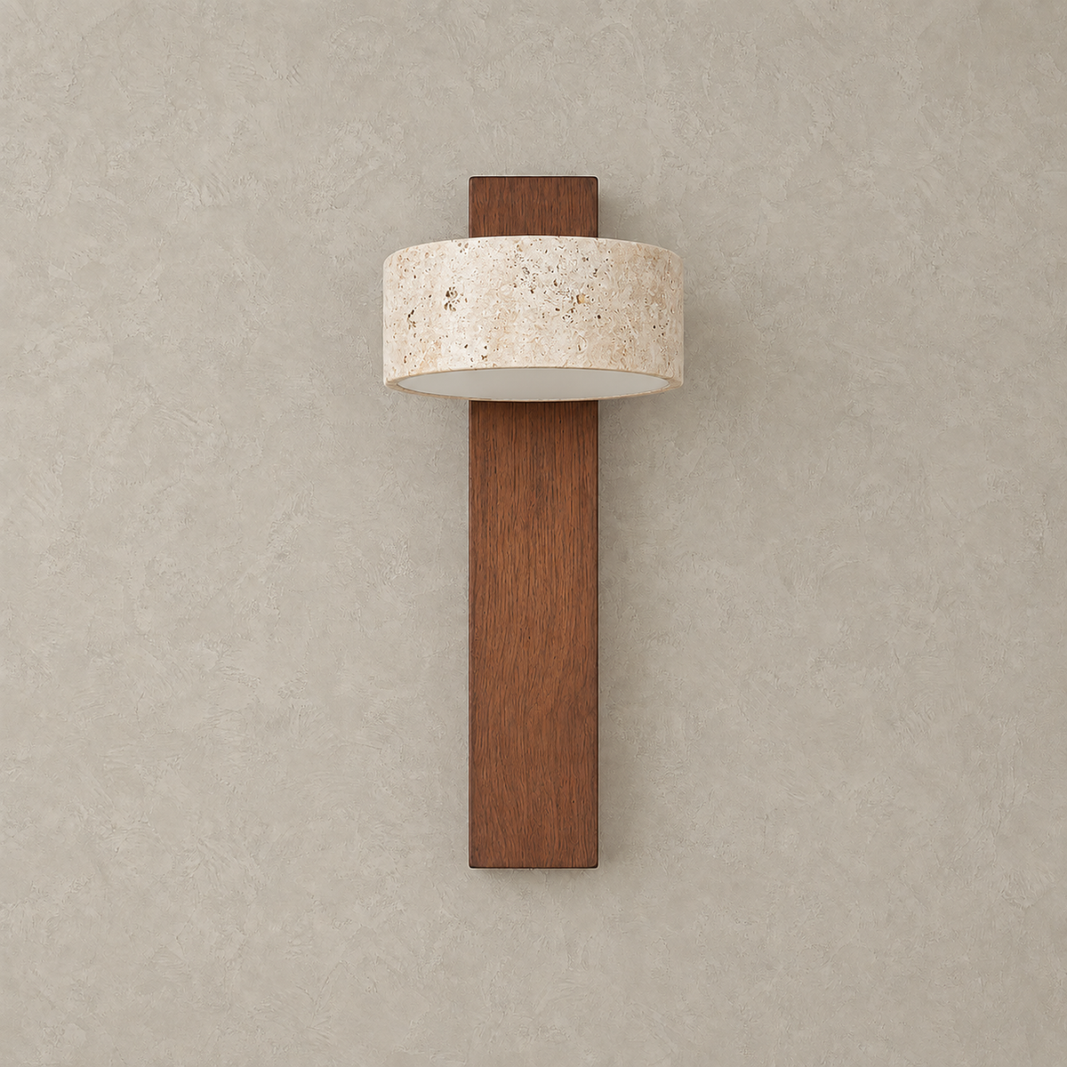Malviro brown adjustable wall sconce unlit on greige plaster showing its stone shade and wood body