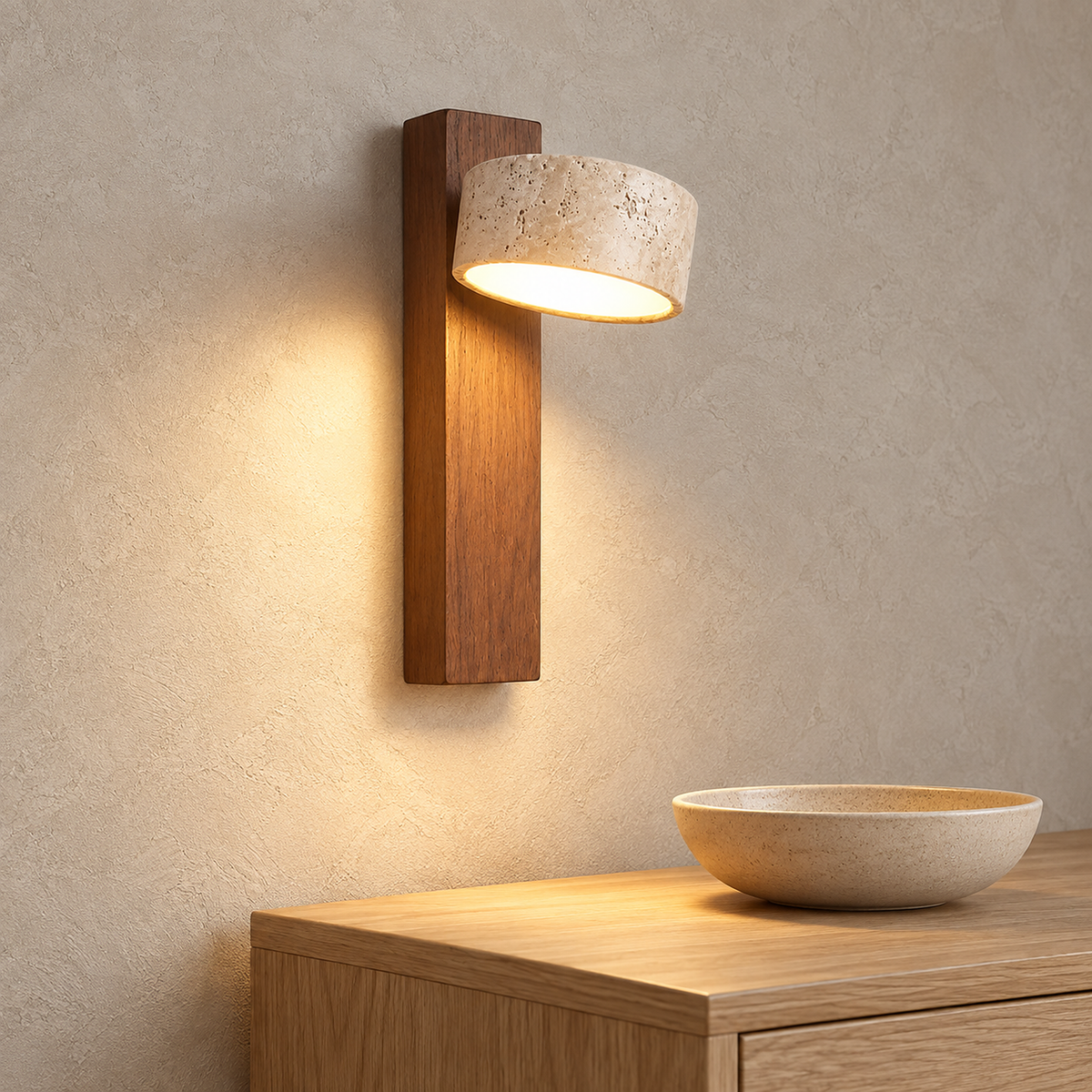 Malviro brown wall light casting a warm glow over a dining room sideboard by day