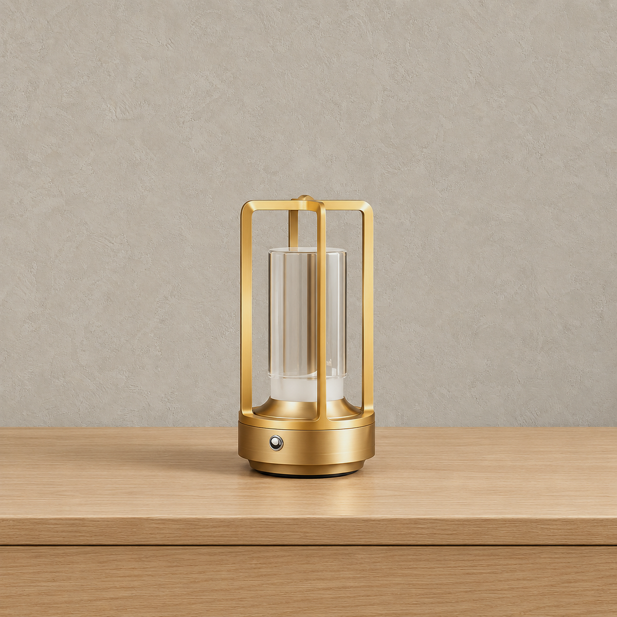 Marelto gold rechargeable table lamp unlit on a pale surface, an open cylinder cage on a round base