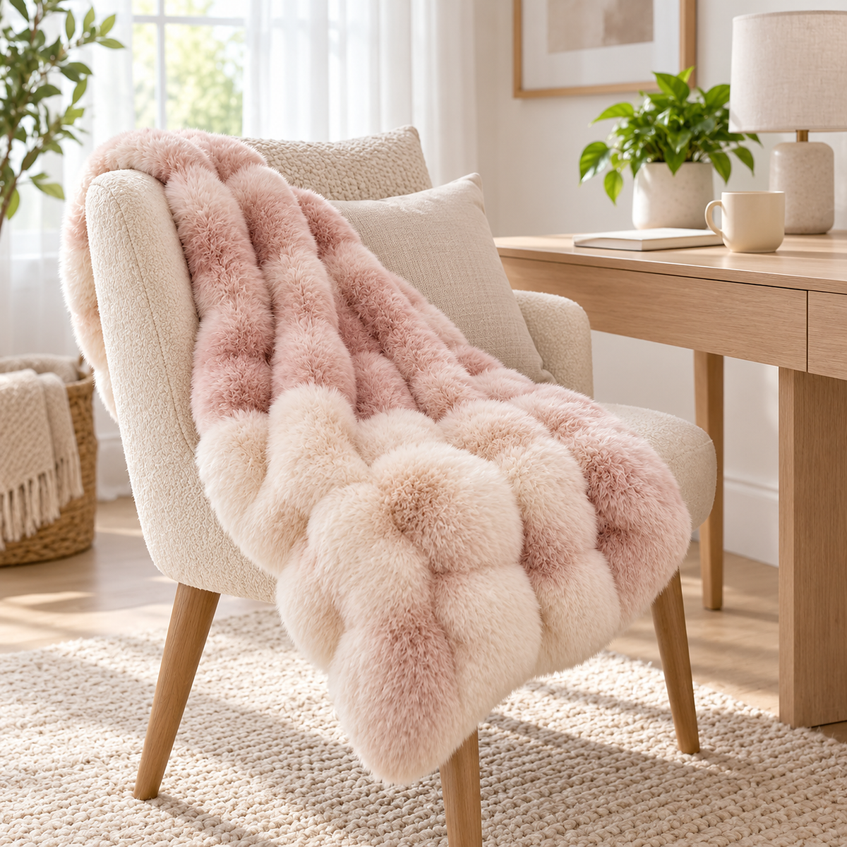 Marvisel pink cream chunky knit blanket corner resting on a chair in a craft and writing nook