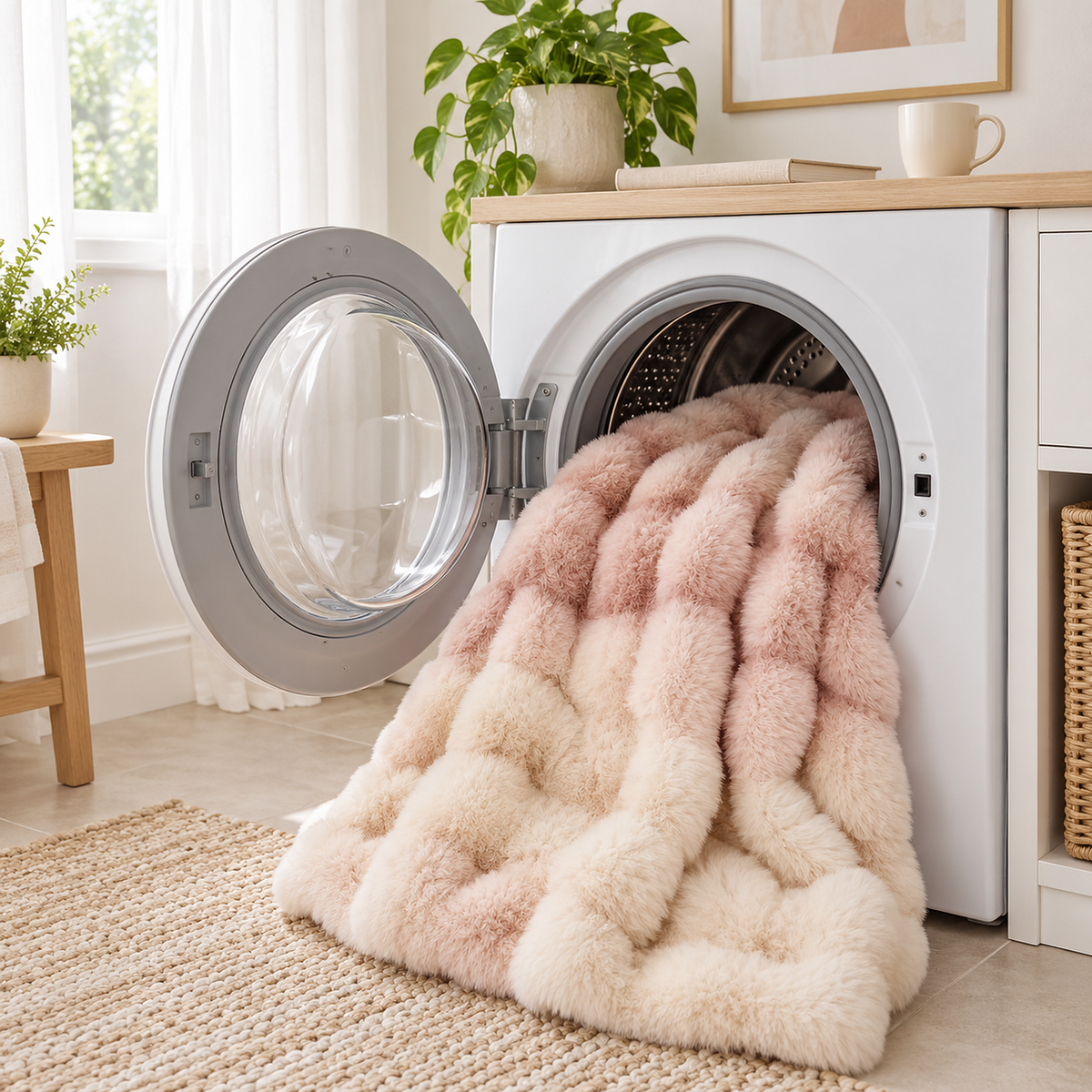 Marvisel pink cream faux fur throw blanket in 100% polyester, ready for machine washing in a laundry room