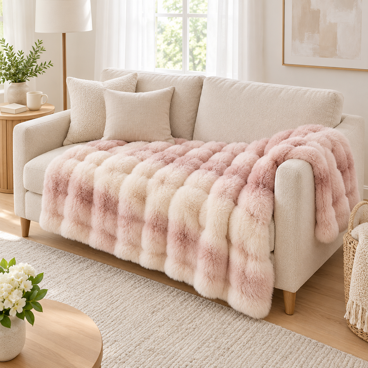 Marvisel pink cream throw blanket for couch in a small size, spread lengthwise across an ivory loveseat seat