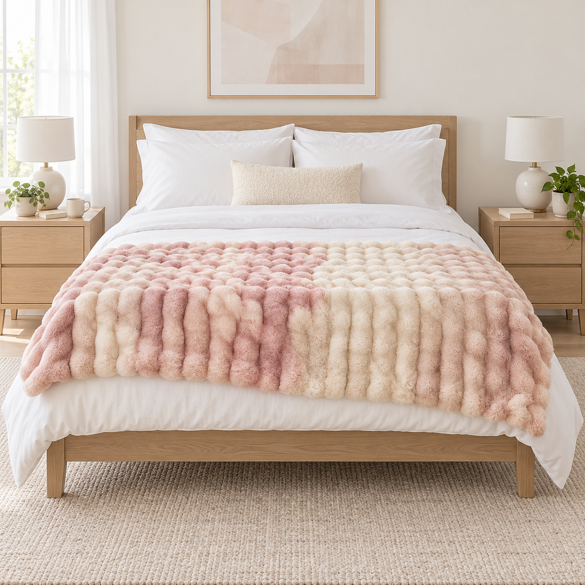 Marvisel pink cream throw blanket laid across the foot of a queen bed as a small accent in a bright bedroom