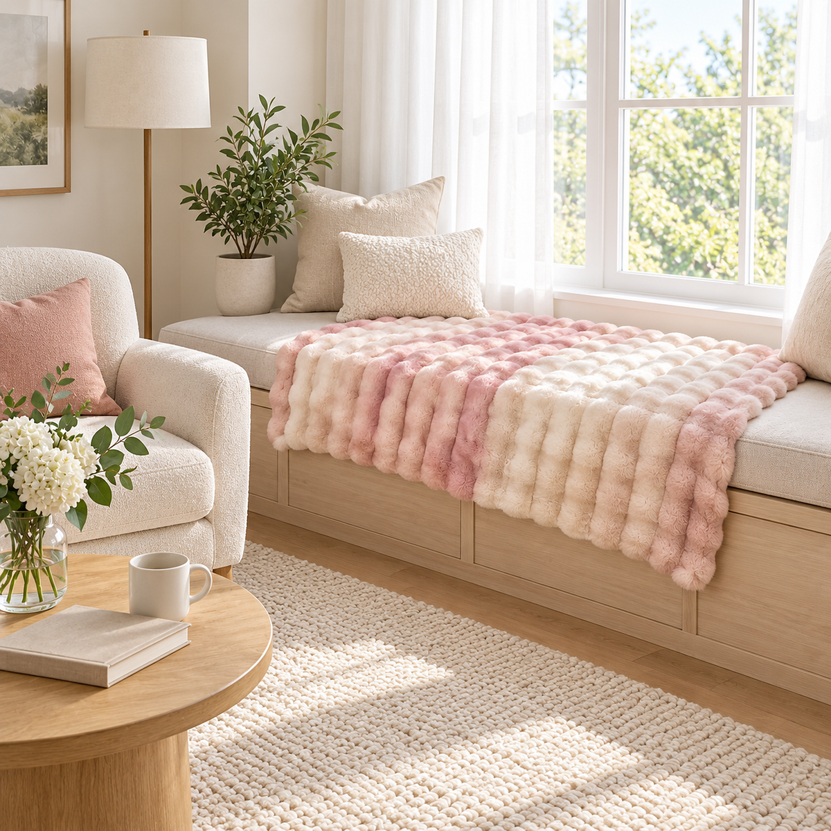 Marvisel pink cream throw blanket with a ribbed texture spread across a cushioned window seat