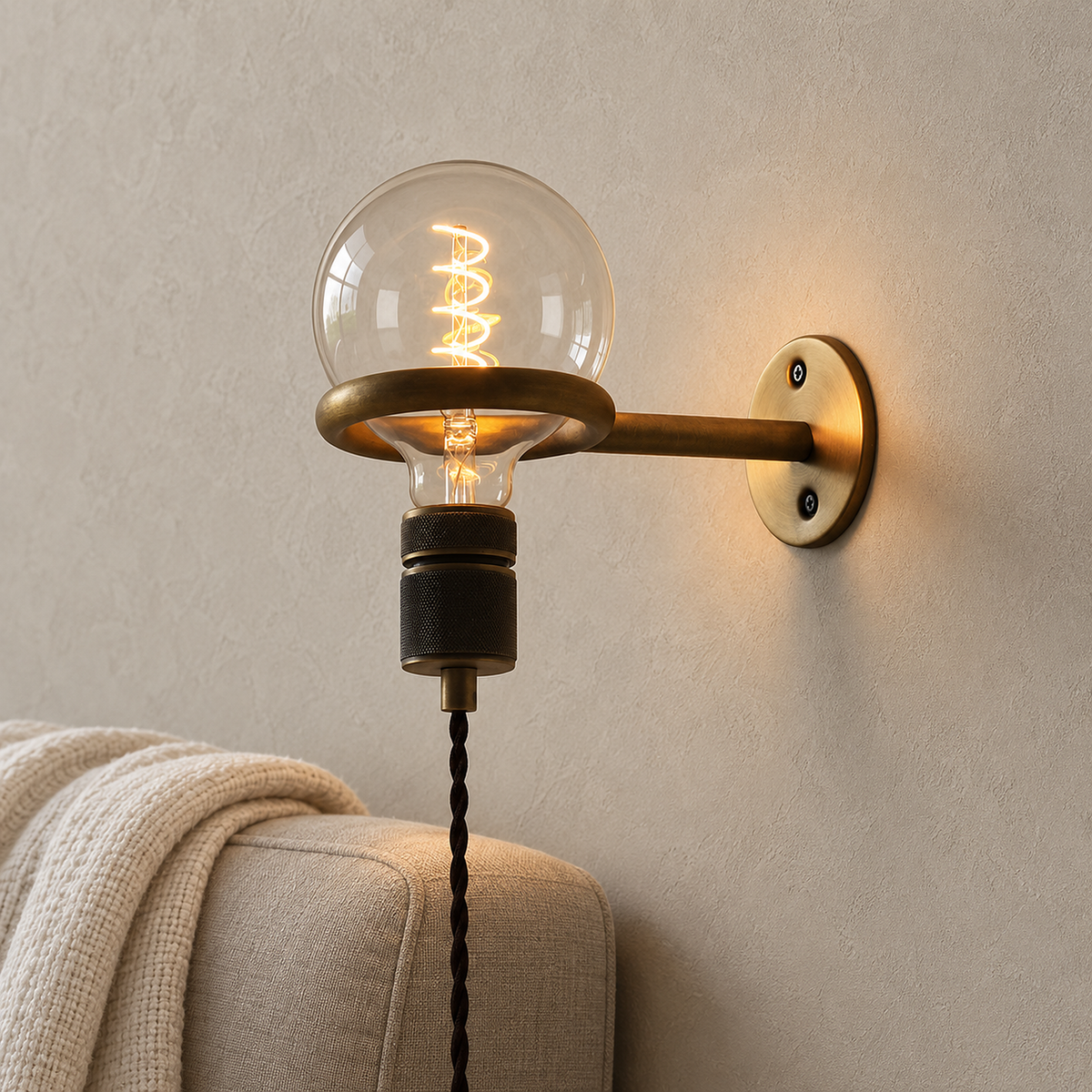 Masirel brown cable wall lamp glowing beside a sofa in a compact sitting snug by day