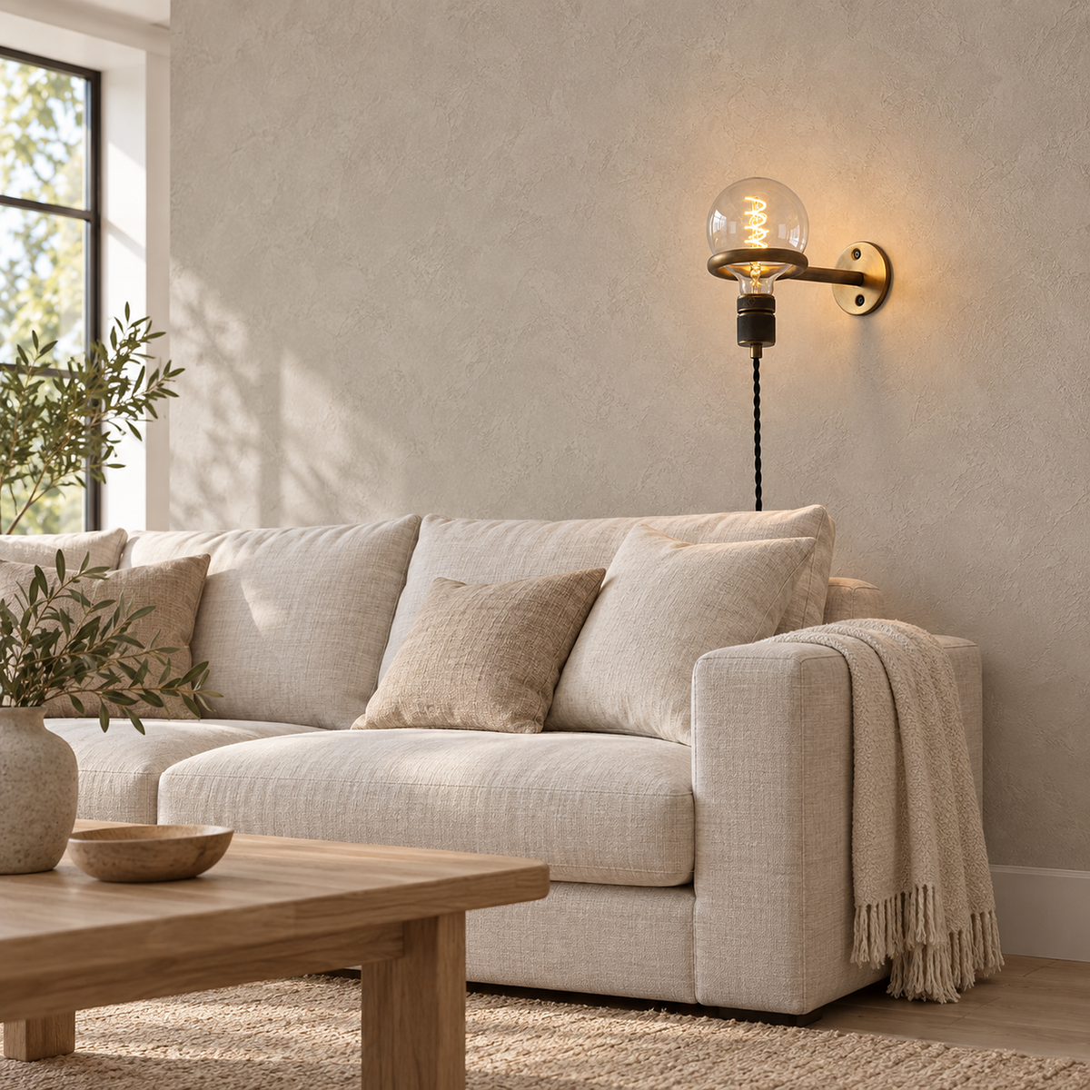 Masirel brown cable wall lamp lighting plaster beside a living room sofa in daylight