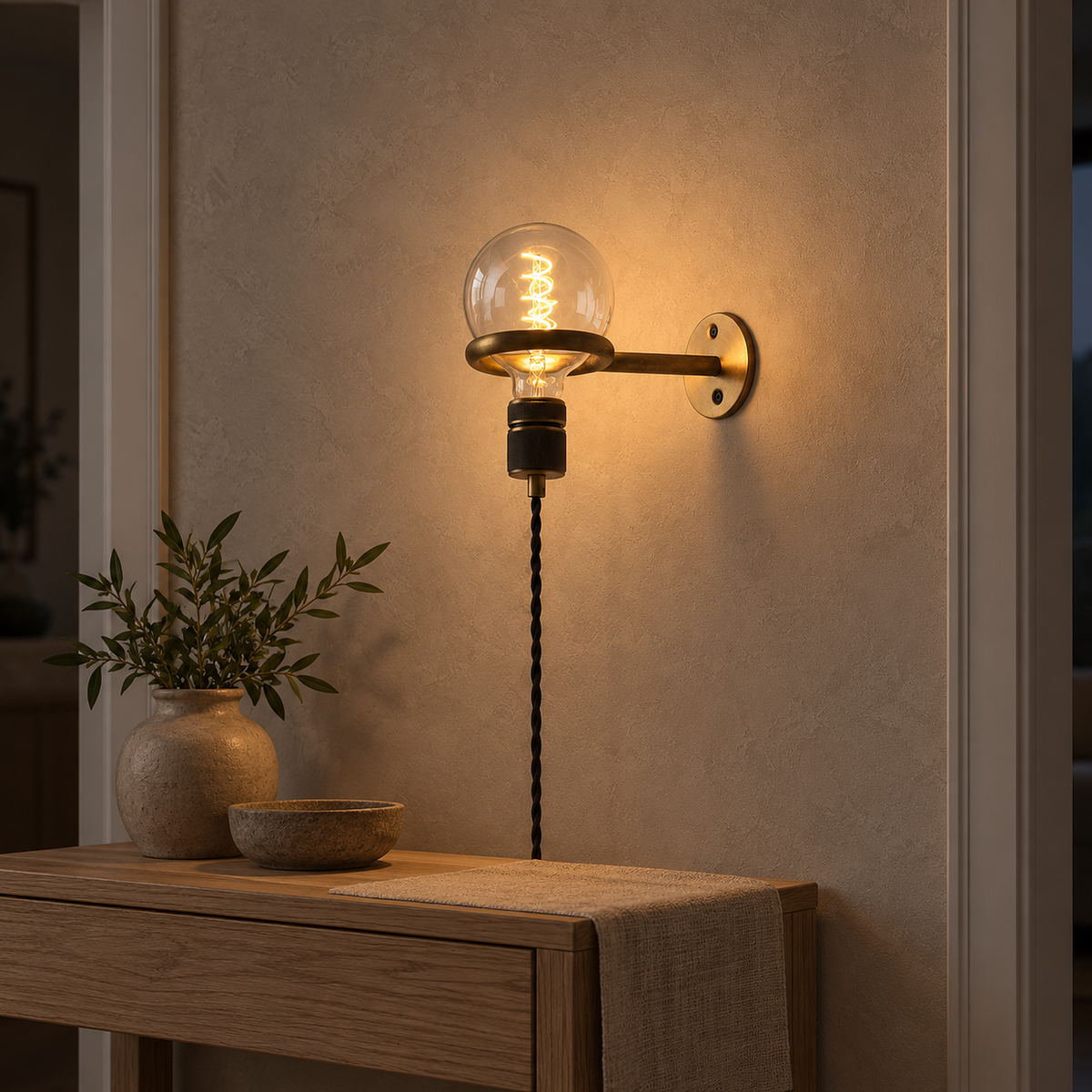Masirel brown cable wall light on a narrow hallway wall in afternoon light