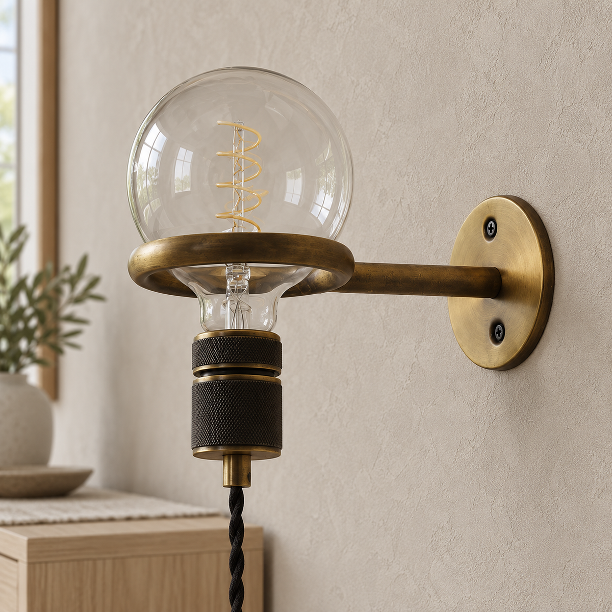 Masirel brown cable wall sconce close up showing the metal ring and socket in daylight