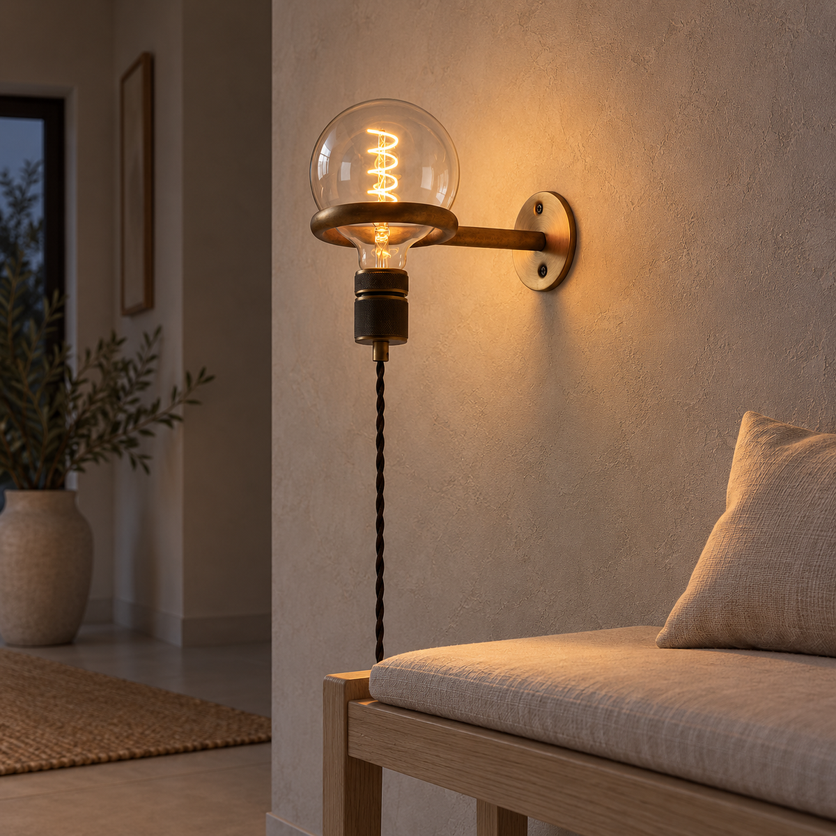 Masirel wall sconce detail of the plated ring in a copper color and the bulb socket