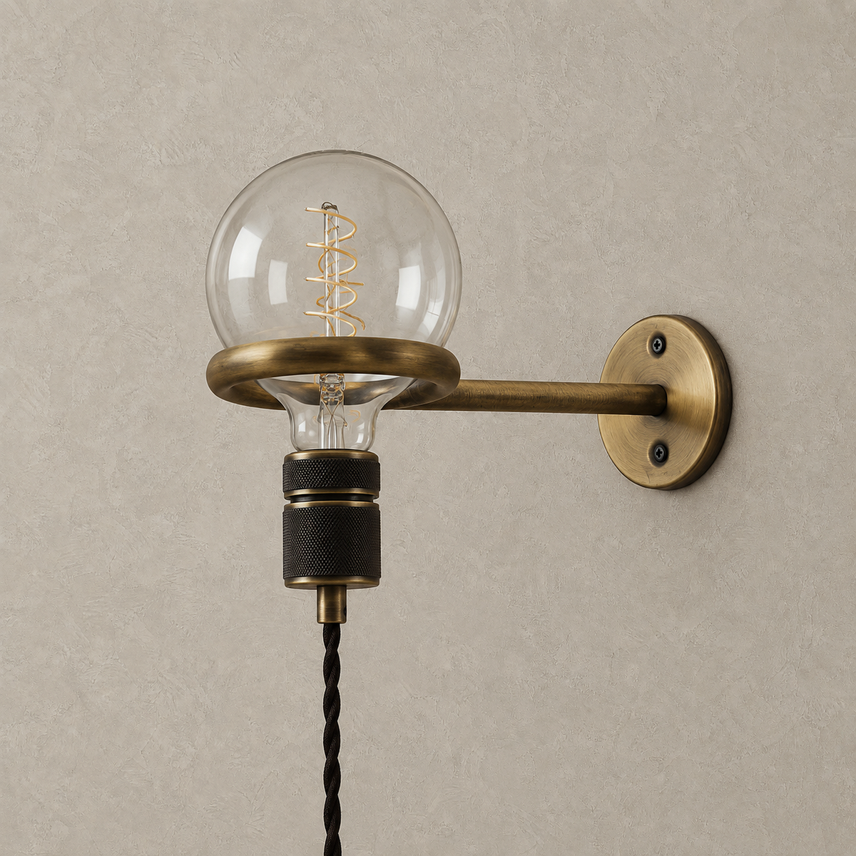 Masirel brown cable wall sconce unlit on greige plaster showing its small metal ring