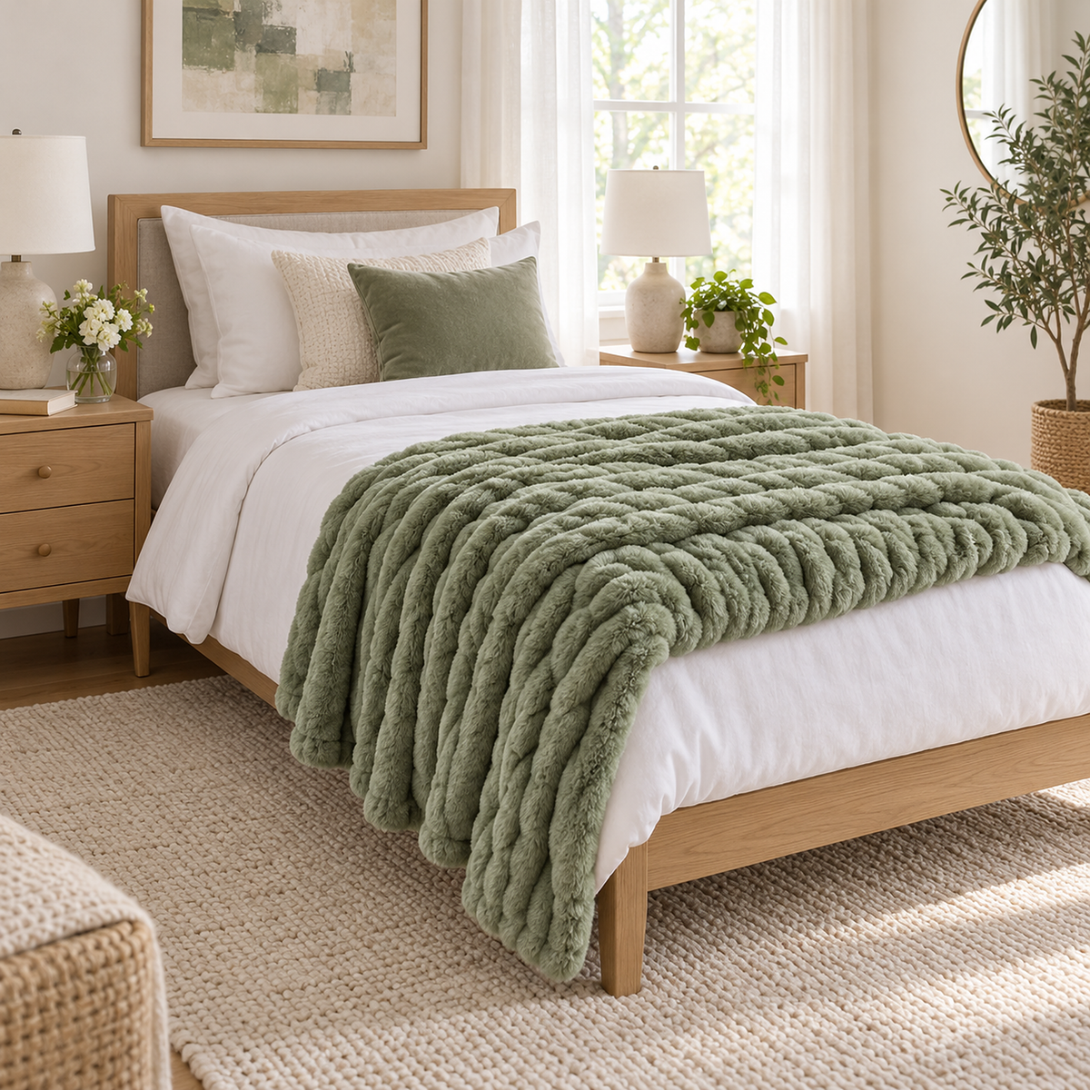 Mavilore matcha green plush throw blanket folded across the foot of a twin bed in a daylit bedroom #color_matcha green