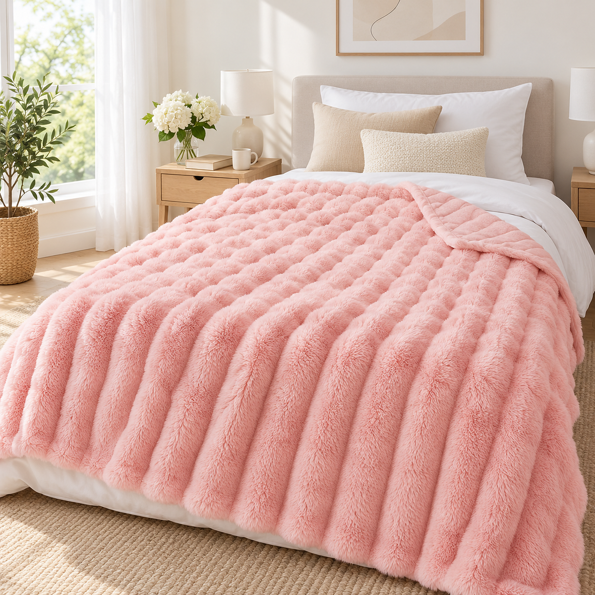 Mavilore pink coral fleece blanket adding ribbed texture to a bright bedroom in morning light