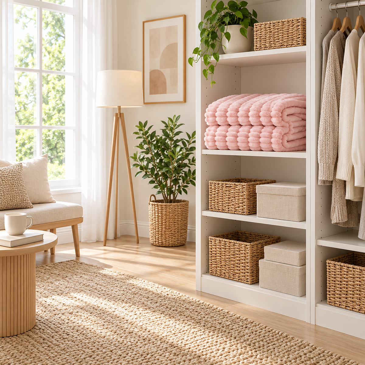 Mavilore pink coral fleece blanket folded on an open shelf in a bright dressing room