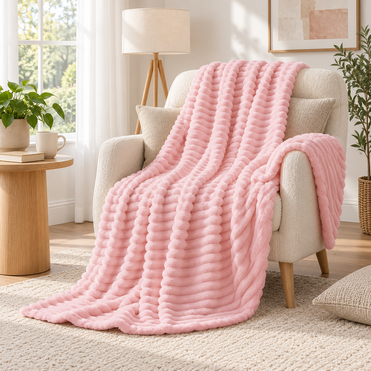 Mavilore pink plush throw blanket draped over an ivory armchair in a bright reading corner