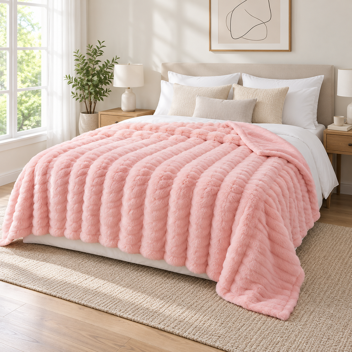 Mavilore pink throw blanket hanging over a queen bed in a daylit guest bedroom