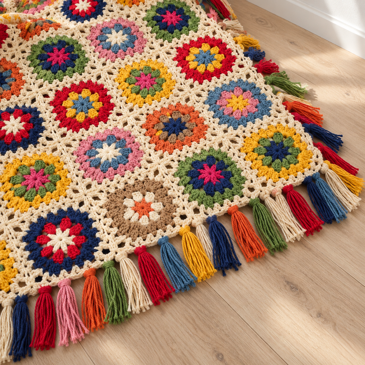 Mavoreli multicolored and cream crochet throw blanket in a close view of handmade daisy stitches