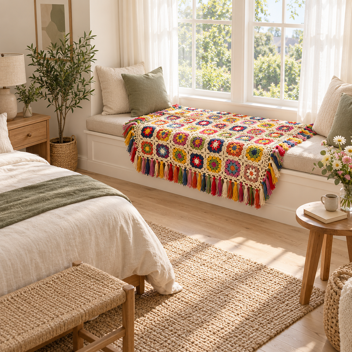 Mavoreli multicolored and cream small crochet throw blanket open along a cushioned window seat