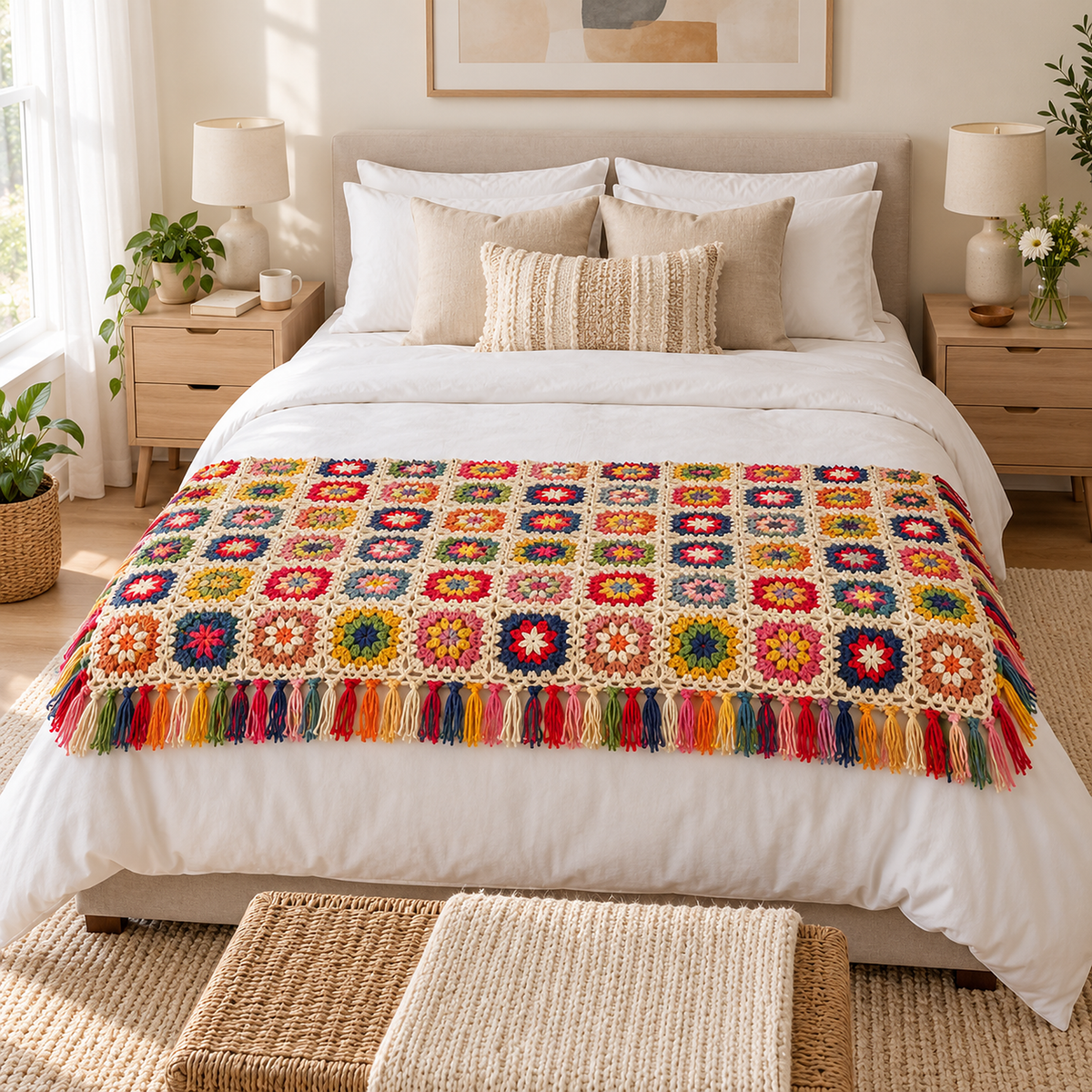 Mavoreli multicolored and cream crochet throw blanket laid open across the foot of a bed