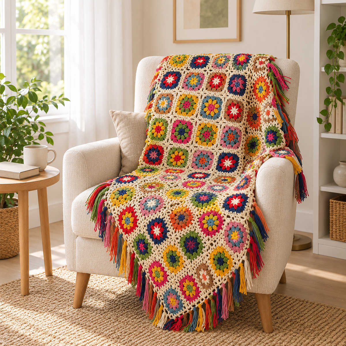 Mavoreli multicolored and cream throw blanket with crochet daisies brightening a library armchair