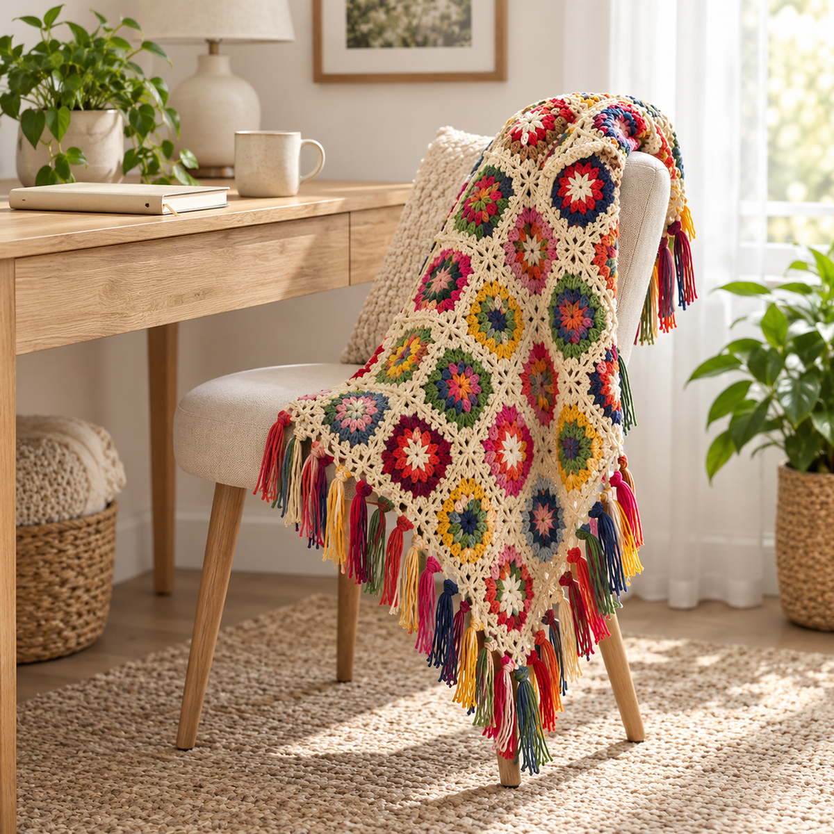 Mavoreli multicolored and cream throw blanket with a tasseled corner hanging by a window desk