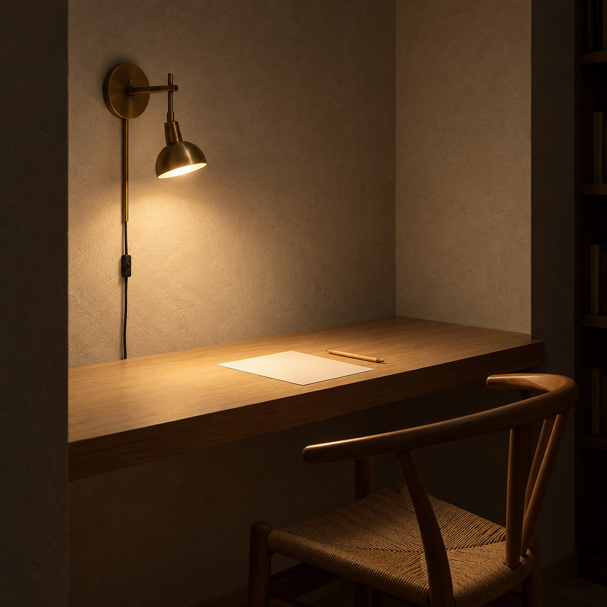 Melcasi plug in led wall sconce with antique brass colored shade warming a writing corner in a library at night